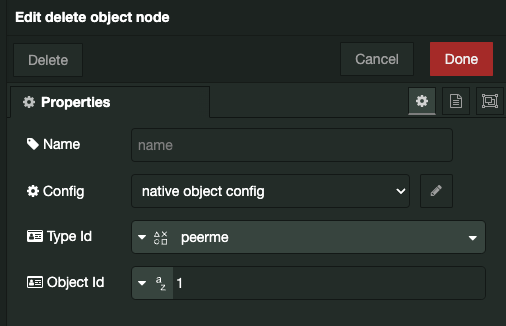 Example of settings for a Delete Object node