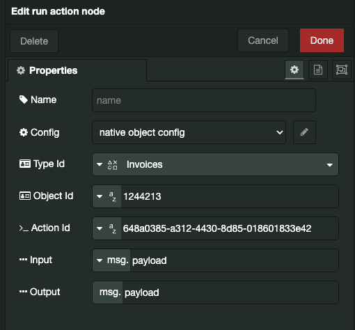 Example of settings for a Run Action node