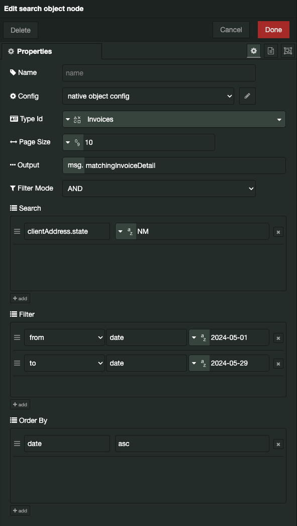 Example of settings for a Search Object node