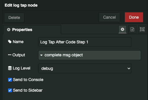Example of settings for a Log Tap node
