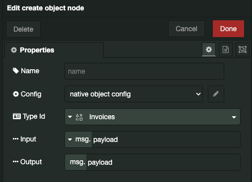 Example of settings for a Create Object node