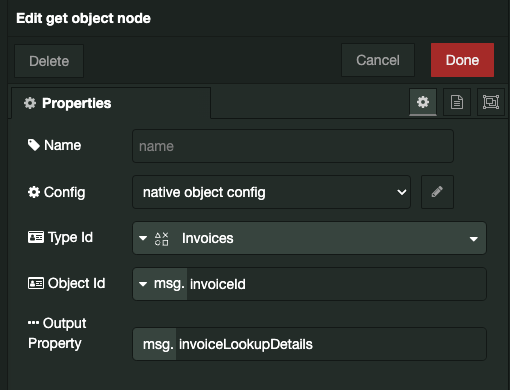 Example of settings for a Get Object node