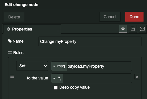 Example of settings for a Change node