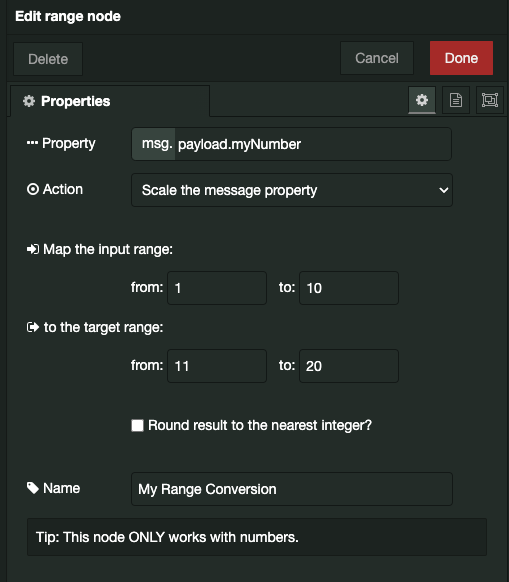 Example of settings for a Range node